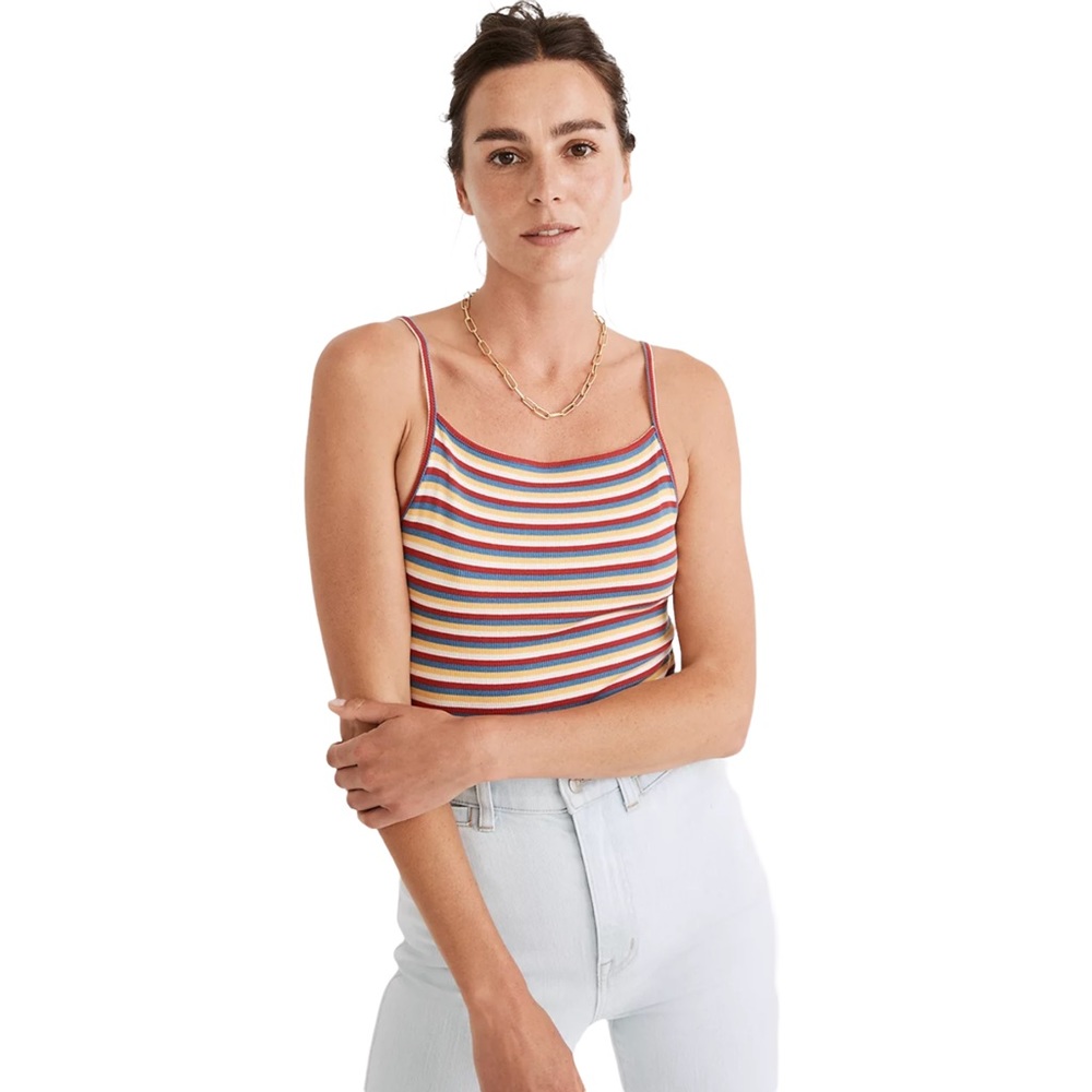 MADEWELL Ribbed Spaghetti Strap Thong Bodysuit in Rainbow Stripe